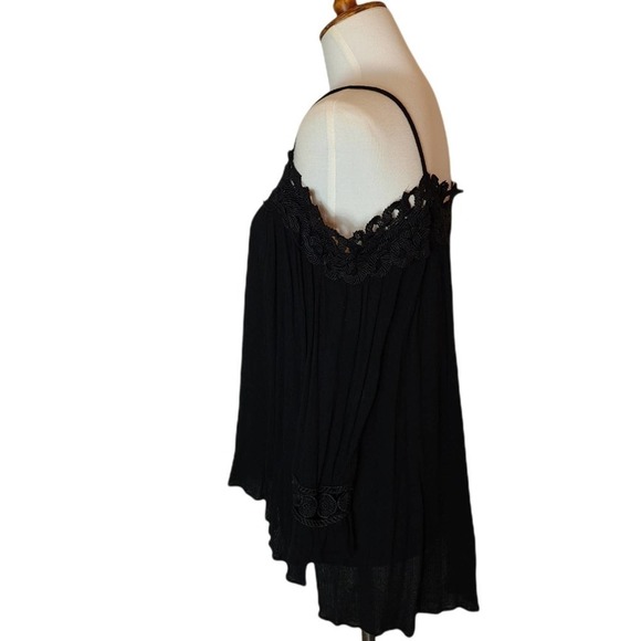Aqua Black Cold Shoulder Blouse Lace Trim Boho Chic Top Preowned XS - Picture 4 of 8